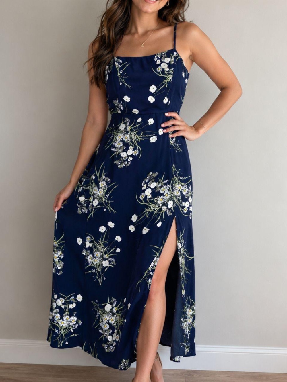 Francescas Navy Floral Spaghetti Strap Midi Dress